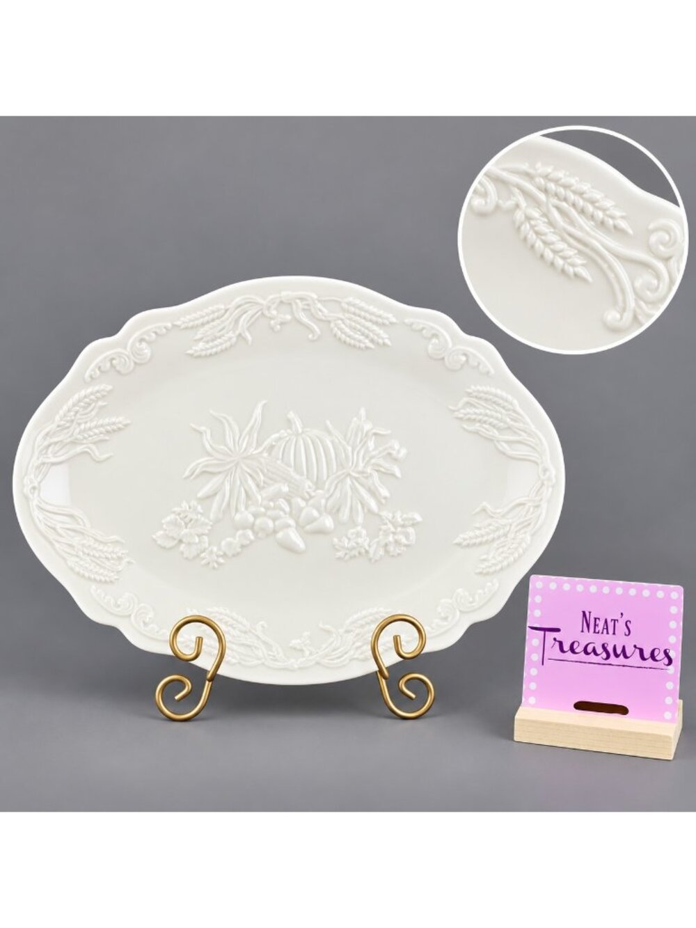 Lenox HARVEST Special Embossed Fruit Pumpkins Wheat Large Oval Serving Platter